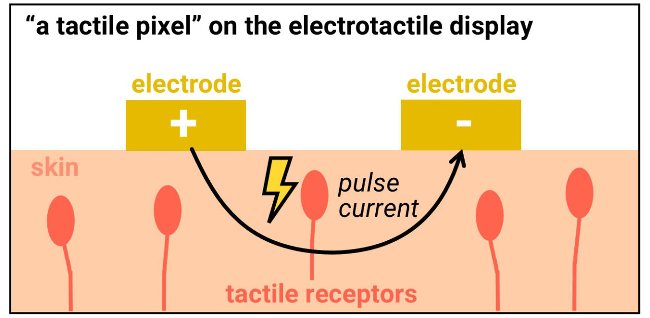 A diagram of a cross section of the skin, titled a tactile pixel on the electrotactile display. Two electrodes are shown labeled with plus and minus correspondingly. An arrow pointing from plus electrode goes to the minus electrode. The arrow is labeled with a lightning icon and the word pulse current. The arrow intersects with a drawing of a tactile receptor, with more receptors drawn nearby.