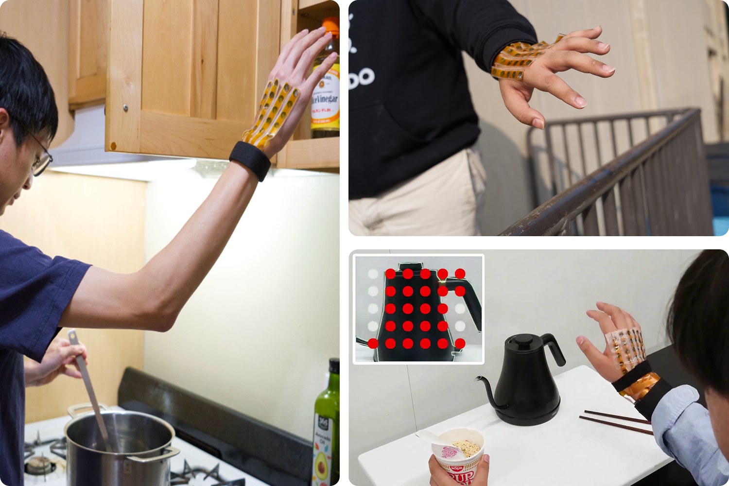 Three scenes of Seeing with the Hands in use. Left: a person cooking reaches into a cabinet wearing the device. Top right: a person walks down stairs, their device-equipped hand hovering over the handrail. Bottom right: a hand reaches toward a kettle, with an inset showing the kettle rendered as a grid of red tactile dots.