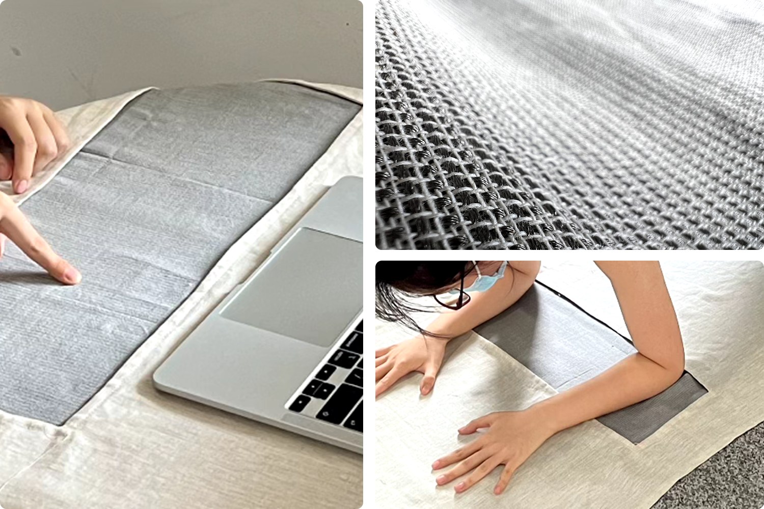 Three photos of the TacTex textile. Left: a person touches a large woven panel lying beside a laptop. Top right: a close-up of the weave with conductive and non-conductive yarns interlaced. Bottom right: a person rests both hands and forearms on a fabric sheet with woven electrode regions.